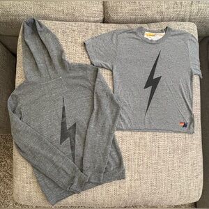 Aviator Nation 🌈 Unisex Grey Black Bolt Hoodie (Kids 14) & Tshirt Adult XS